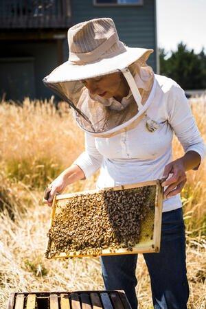 Žena pri práci so včelami v situácii alergickej expozície